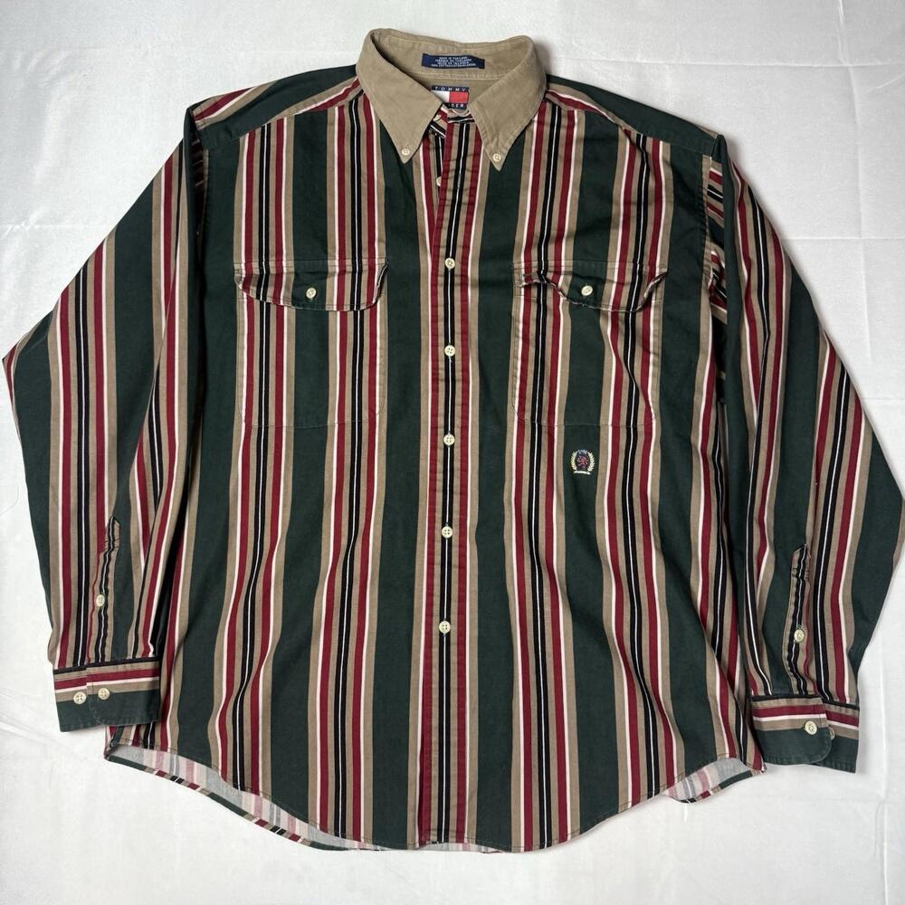 VTG 90s Tommy Hilfiger Button Down Shirt Long Sleeve Striped Large Cotton EUC